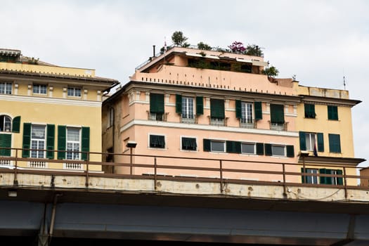 Yellow House with Trees on the Roof in Genoa, Italy