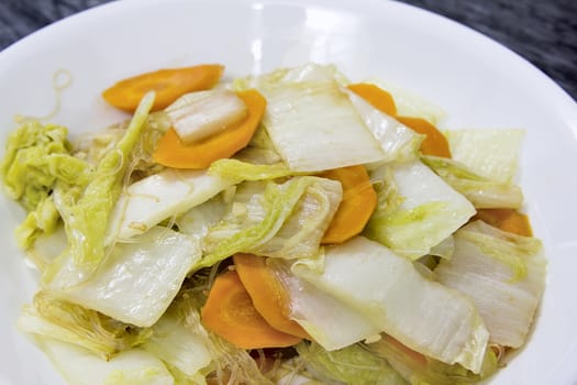 Stir Fry Chinese Cabbage with Garlic Sliced Carrots and Clear Bean Thread Noodles Dish Closeup