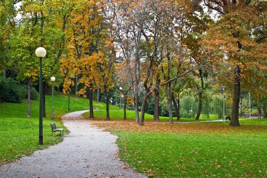 Zagreb autumn colorful park walkway, Croatia