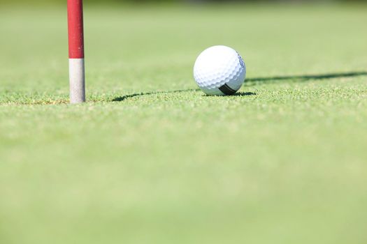 Golf ball resting by the hole