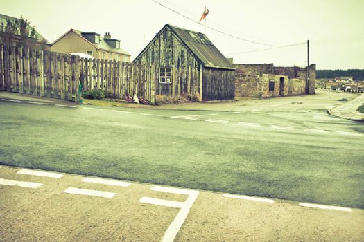 Intersecting roads in Burghead, Scotland in winter