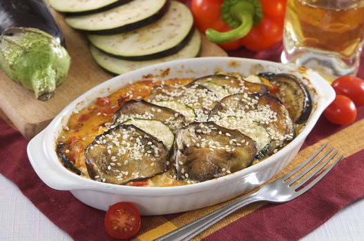 aubergine  bake with courgette, pumpkin and tomatoes