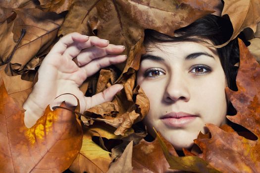 Close view of the face of a beautiful girl surrounded by autumn leaves.