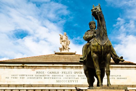 Giuseppe Garibaldi Statue and Muse with Harp on Top of Opera Theater in Genoa, Italy