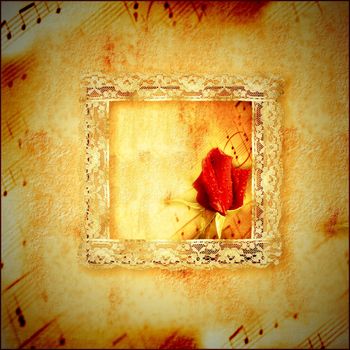vintage card romantic music, red rosebud lace frame and background score