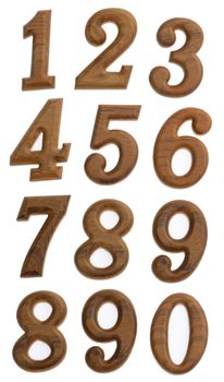 the real wooden numbers isolated on white background