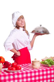 Attractive cook woman a over white background