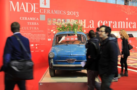 Vintage Fiat Bianchina installation at Salone Internazionale del Mobile - International home furnishing and accessories exhibition