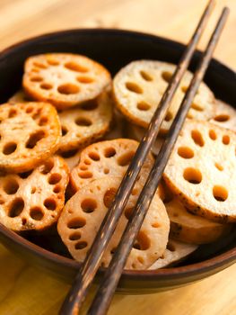 close up of a bowl of lotus root