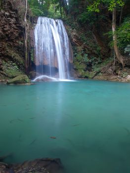 Emerald color water in tier fourth of Erawan waterfall, Erawan National Park, Kanchanaburi, Thailand