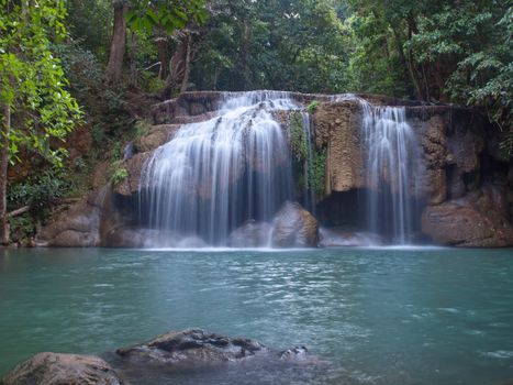 Emerald color water in tier second of Erawan waterfall, Erawan National Park, Kanchanaburi, Thailand