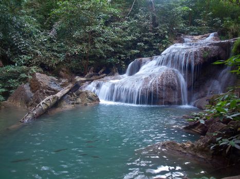 Emerald color water in tier first of Erawan waterfall, Erawan National Park, Kanchanaburi, Thailand