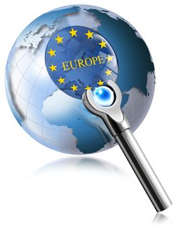 Blue globe with a magnifying glass and a symbol of europe with yellow stars