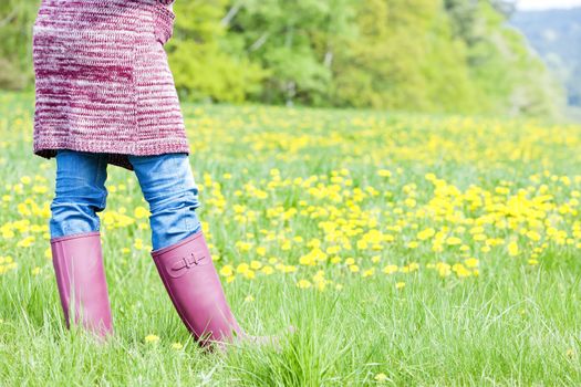 detail of woman wearing rubber boots on spring meadow