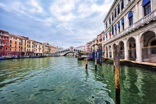 View of Venice with Rialto bridge on Grand Canal, Italy
