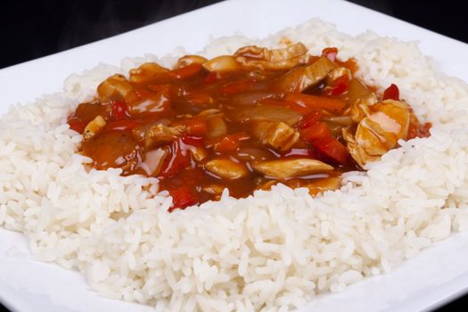 Closeup photo of chinese sweet and sour chicken with rice.