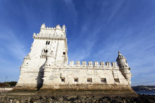 View of Belem Tower in evening. Lisbon, Portugal. 