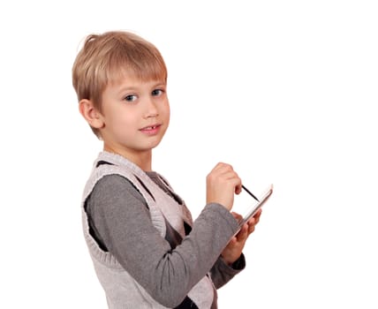 boy with tablet pc posing on white 