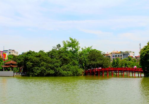 The Huc Bridge is a bridge near Hoan Kiem Lake, Hanoi, the capital of Vietnam.