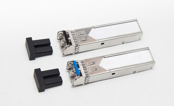 Optical gigabit sfp modules for network switch on the white background 