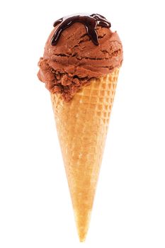 chocolate flavor ice cream in a cone with chocolate sauce on white background