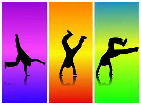 Image of various silhouettes flipping against a colorful background.