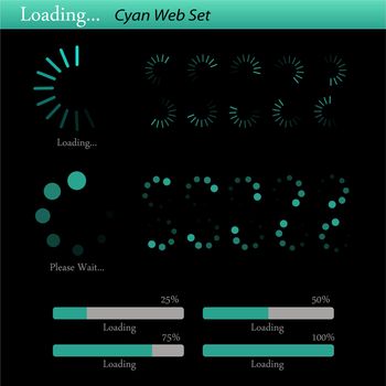 Complete cyan, colorful "loading" web set on a dark background.