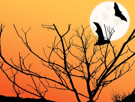 Image of a twilight scene with moon and tree and bat silhouettes.