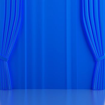 Brightly blue curtains on a theatrical scene