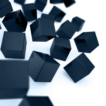 Falling and hitting dark blue cubes on a white background