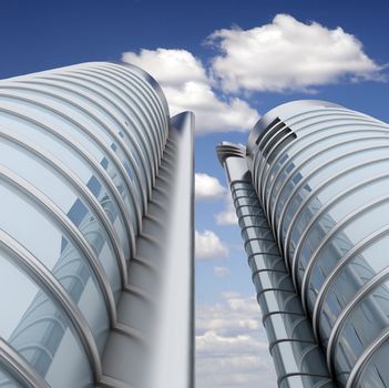 High modern skyscrapers on a background of the blue sky and clouds