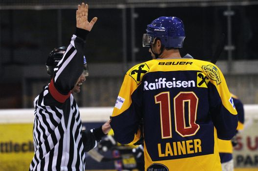 ZELL AM SEE; AUSTRIA - SEPT 24: Austrian National League. Jakob Leiner of EKZ discusses with the referee. Game EK Zell am See vs EHC Lustenau (Result 1-8) on September 24, 2011 in Zell am See.