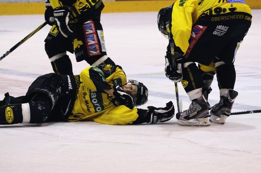 ZELL AM SEE; AUSTRIA - SEPT 24: Austrian National League. A player of Lustenau got hurt. Game EK Zell am See vs EHC Lustenau (Result 1-8) on September 24, 2011 in Zell am See.