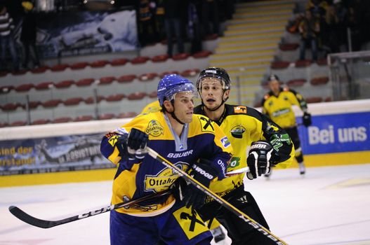 ZELL AM SEE; AUSTRIA - SEPT 24: Austrian National League. A player of Lustenau (yellow jersey) and a player of EKZ fighting for every inch on the ice. Game EK Zell am See vs EHC Lustenau (Result 1-8) on September 24, 2011 in Zell am See.