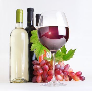 wineglass, bottles of wine and grapes