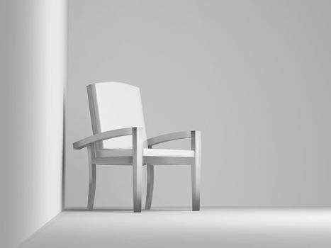 Alone light chair on a background of a white wall and a floor