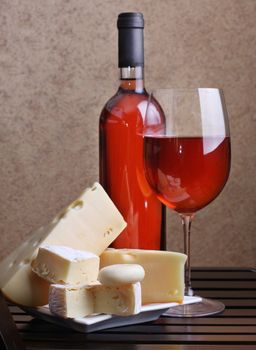 wineglass, bottle of wine cheese