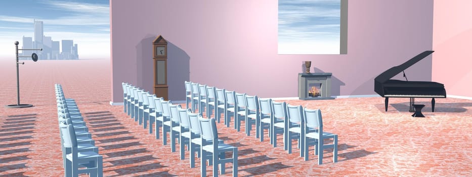 Surrealistic concert room with a piano, chairs, fire place and clock