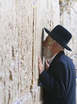 JERUSALEM - NOVEMBER 03 2011 - Orthodox jewish man prays in The western wall  , An Important Jewish religious site located in the Old City of Jerusalem , Israel