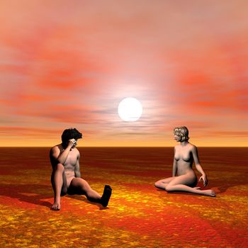 Naked Adam and Eve sitting in a desert by sunset