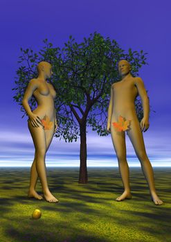 Naked Adam and Eve with a leaf in front of a tree, an apple near their feet, in eden garden by night
