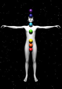 Human standing and balls with colors symbolizing chakras