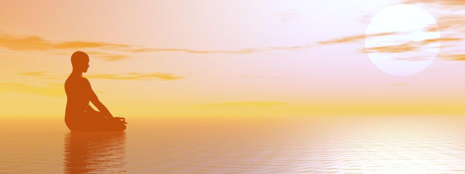 Man meditating upon the ocean by beautiful hazy sunset