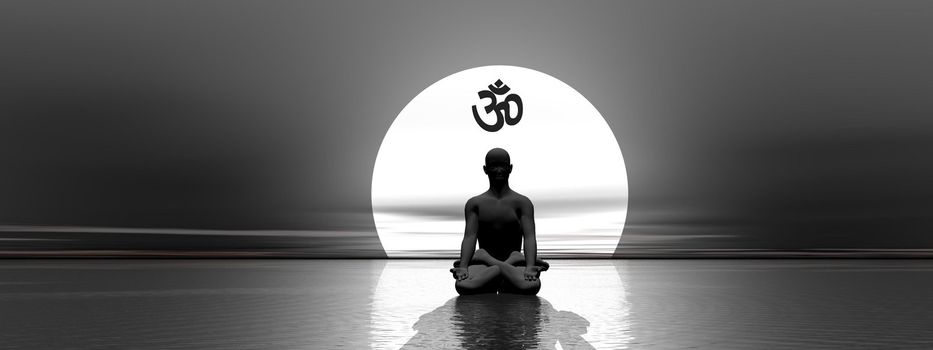 Man meditating under om symbol upon the ocean with full moon behind by beautiful moonlight