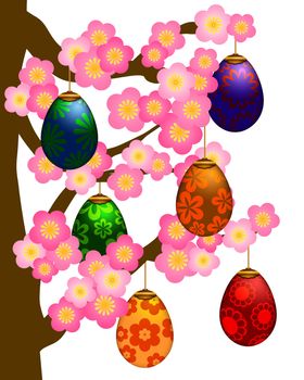 Flowering Cherry Blossom Tree in Spring Season with Hanging Colorful Painted Easter Eggs Illustration