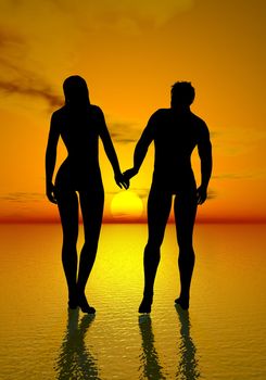 Lovers couple walking upon the ocean toward beautiful sunset