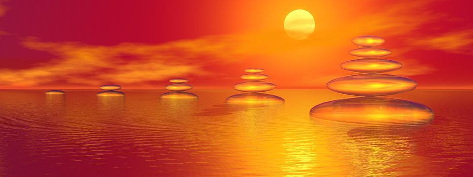 Growing balanced stones upon the ocean by red sunset