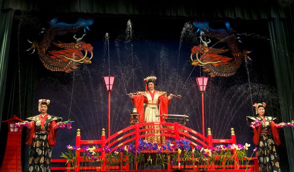 NIKKO , JAPAN - OCT 30 : An unidentified performers in the "Water magic" show held on October 30 2009 in Nikko Japan , "Water magic" is a Japanese traditional theater art  