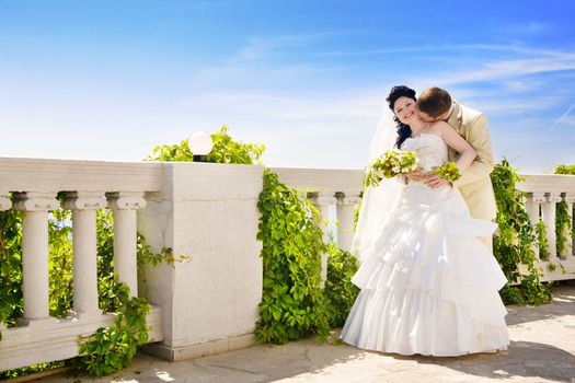 kiss of the newly-married couple near the fense in summer