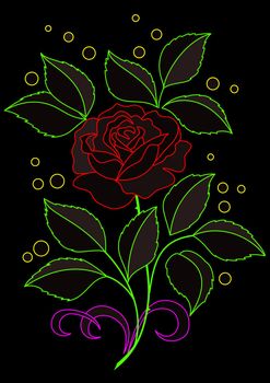 Flower rose with leaves and confetti. Colored silhouettes on black background